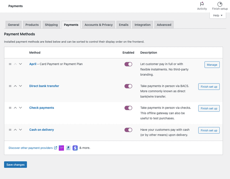 Woocommerce payment list